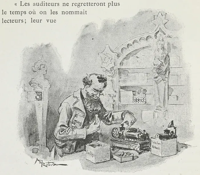Framed Print : A man using a recording  /  dictating device. A futuristic view on the subject of the end of books