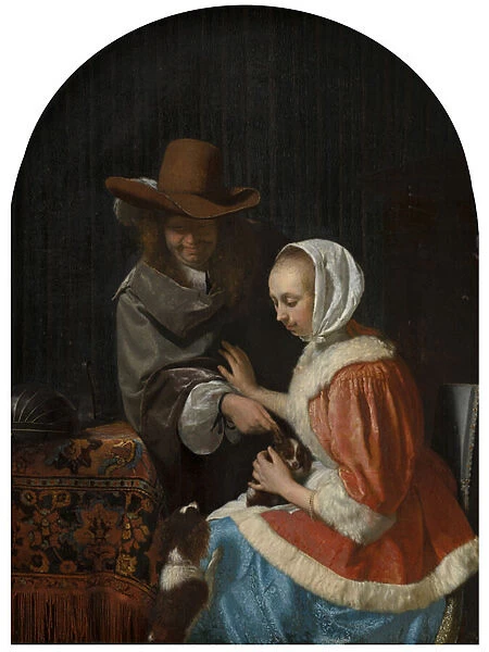 Man and Woman with Two Dogs, known as Teasing the Pet, 1660 (oil on panel)
