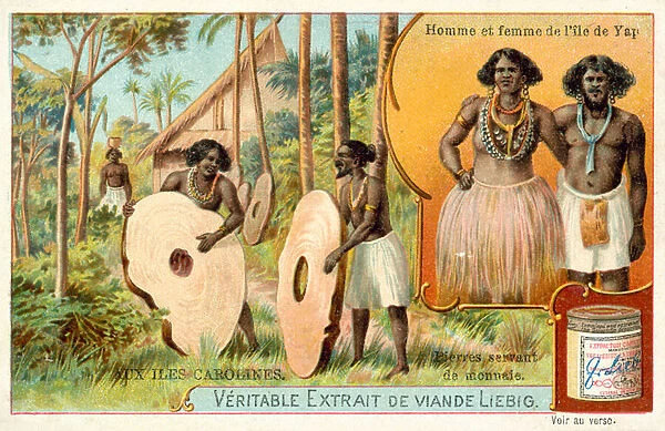 Man and woman from the island of Yap, and stomes used as money, Caroline Islands (chromolitho)