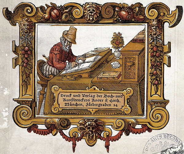 Man in his writing, 16th century, ill. for a calendar, 1892