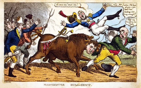 Manchester Bull-Hunt, 1819 (hand-coloured engraving)