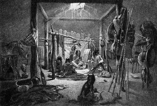 Mandan Chieftain's hut - (Interior) of native American dwelling, 19th century (engraving)