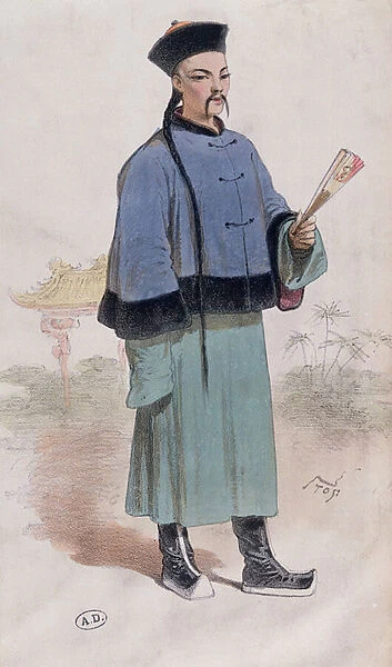 Mandarin in a fur trimmed coat with fan, c. 1860 (colour litho)