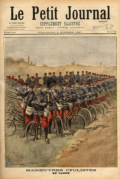 Maneuvers in the north of France, military company of 90 cyclists, support of cavalry. Engraving in 'Le petit journal'3  /  10  /  1897. Selva Collection