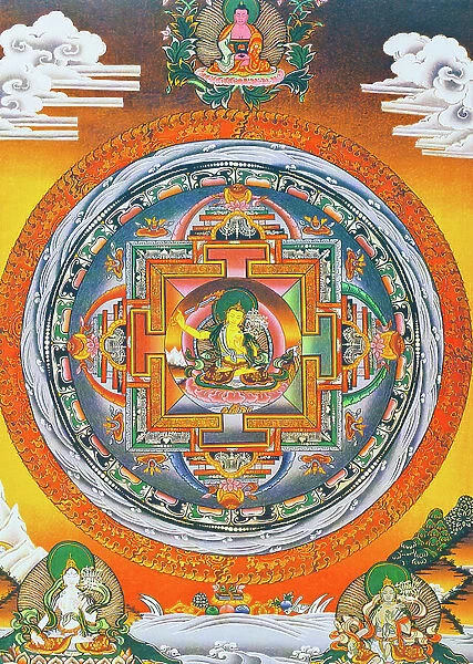 Manjushree Mandala, where the central figure represents the god of wisdom Manjushree, the legendary creator of the Kathmandu valley (gouache on cloth)