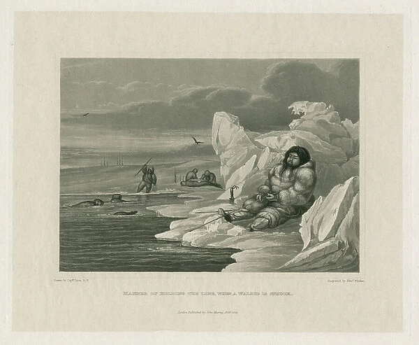 Manner of holding the line, when a walrus is struck, 1824 (engraving)