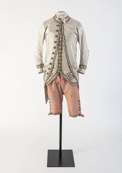 Mans cream silk satin embroidered coat and pink silk breeches, 1780s (silk)