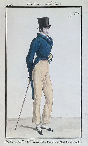 Mans suit with velvet collar, silk buttons and nankeen trousers, 1816 (colour litho)