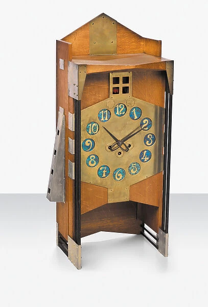 A Mantel Clock, c. 1907 (oak, brass with iridescent Loetz glass numerals)