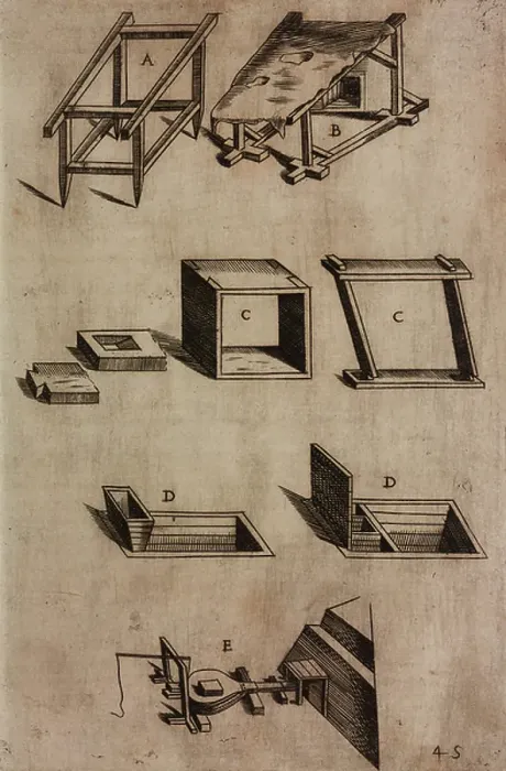 Framed Print : Mantle covers (A, B), frames (C), tunnels with planks (D) and a bellow (E), copperplate engraving from Diffesa et Offesa Delle Piazze, by Pietro Paolo Floriani, published by Giuliano Carboni, Macerata, 1630