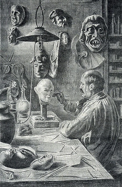 Manufacture of theater and disguise masks Engraving from 'Excursion a travers les metiers' by Pierre Calmette Private Collection