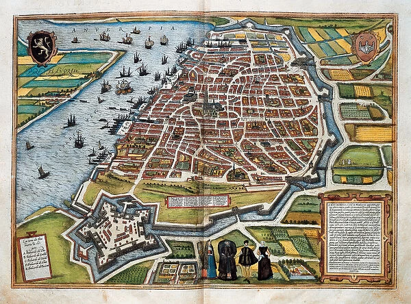 Map of Antwerp, from 'Civitates orbis terrarum'(coloured engraving)