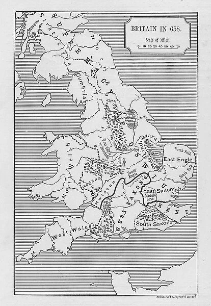 Map of Britain in 658, produced by Stanfords Geographical Establishment (litho)