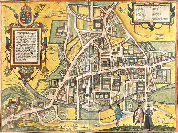 Map of Cambridge (Cantebrigia), England (etching, 1572-1617)
