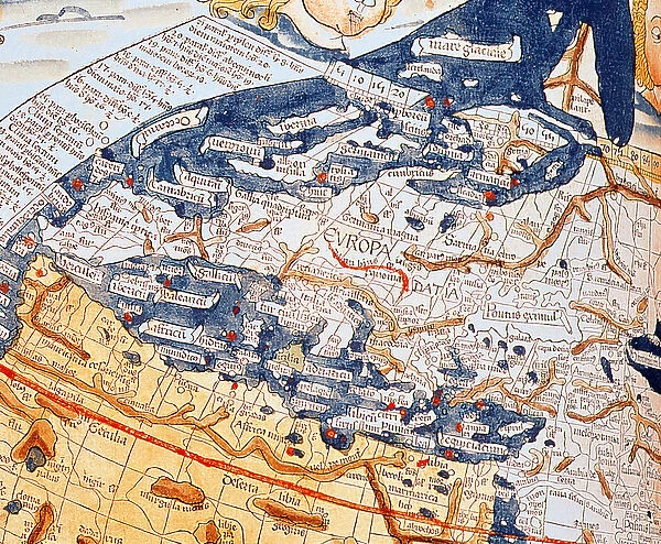 Map of central Europe, 1486 (coloured engraving) (details of 157909)