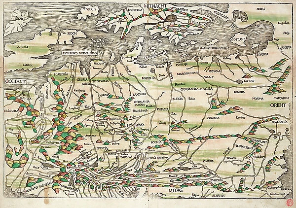 Map of central and northern Europe, 1493 (coloured woodcut)
