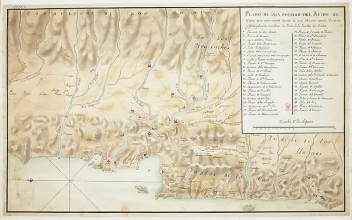 Framed Print : Map of Concepcion and surrounding area, in Chile, orientated with East at the top, with scale, three and a half leagues to an inch, and a key