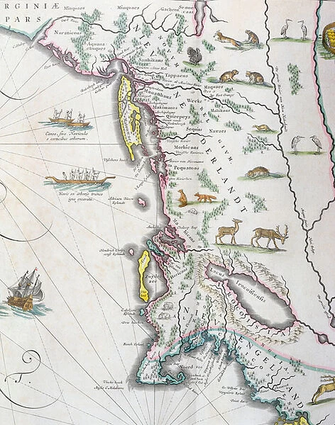 Map depicting the East Coast of North America, 1647 (colour litho) (see 93602 and 216517)