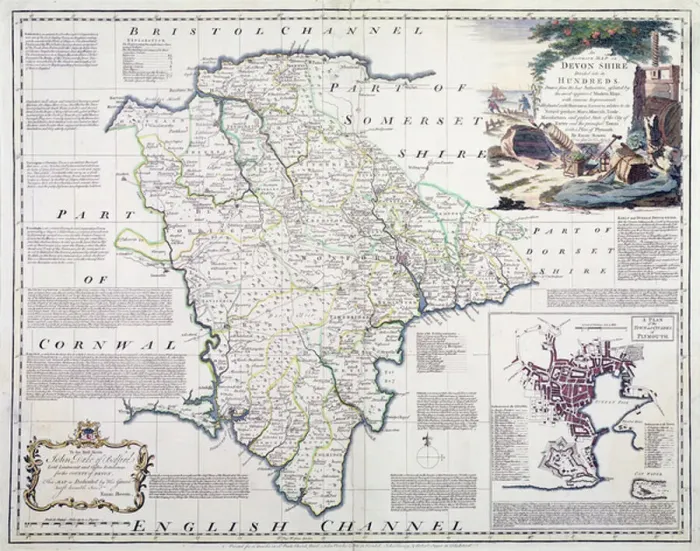 Framed Print : Map of Devonshire, published by Bowles, Tinney and Sayer, London, c. 1777 (hand coloured copper plate engraving) Framed Print : Map of Devonshire, published by Bowles, Tinney and Sayer, London, c. 1777 (hand coloured copper plate engraving)