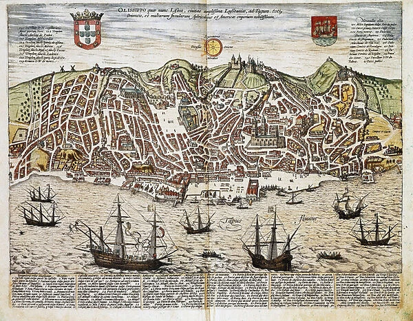 Map of Lisbon - Portugal (engraving, 16th century)