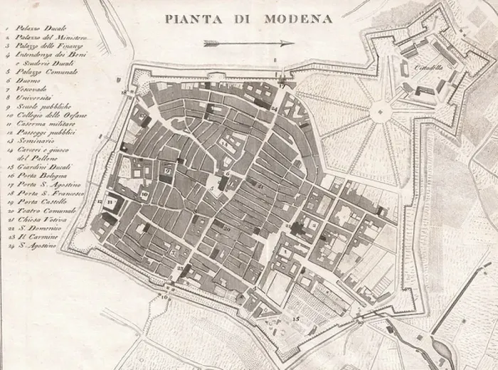Framed Print : Map of Modena, Emilia-Romagna, Italy, aquatint, 21.1x15.9 cm