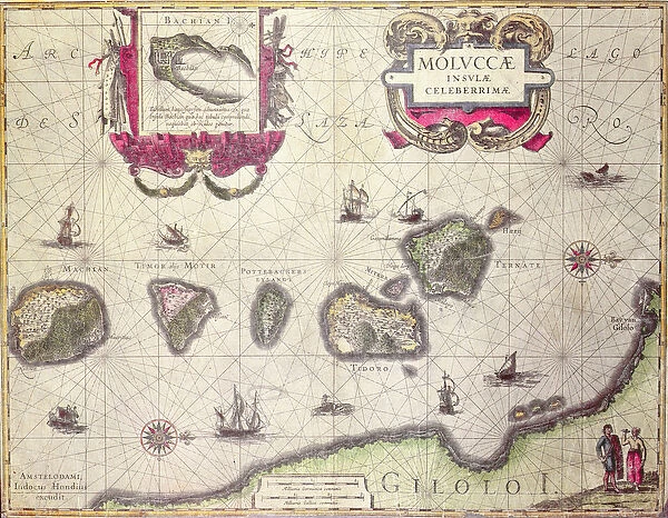 Map of The Moluccan Island, engraved by Jodocus Hondius, 1630 (colour engraving)