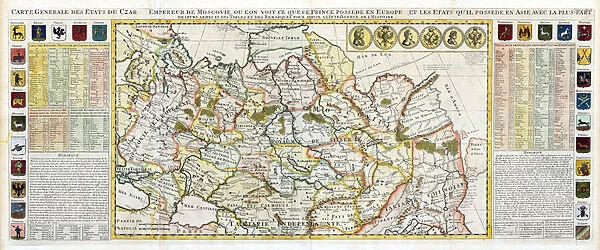 Map of Muscovy, with coats of arms, Russian coins of the day and explanatory panels par Chatelain, Henri Abraham (1684-1743). Etching, watercolour, 1728, Private Collection