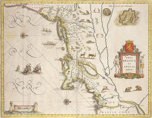 Map of New Belgium and New England, pub. in Amsterdam c. 1640 (coloured engraving)