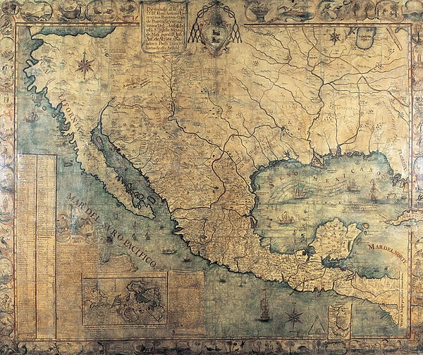 Map of New Spain (North America), 1767, addressed to Cardinal and Inquisitor General Francisco Antonio de Lorenzana. Map of Jose Antonio Alzate (1737-1799) Mexican historian and cartographer. Maritime Museum of Madrid