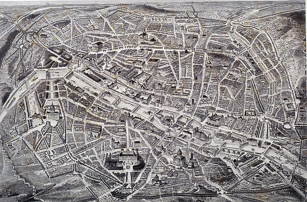 Map of Paris in relief and a birds fly with its surroundings and fortifications