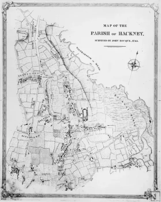 Framed Print : Map of the Parish of Hackney, surveyed by John Rocque (c. 1709-1762) 1745 (litho)