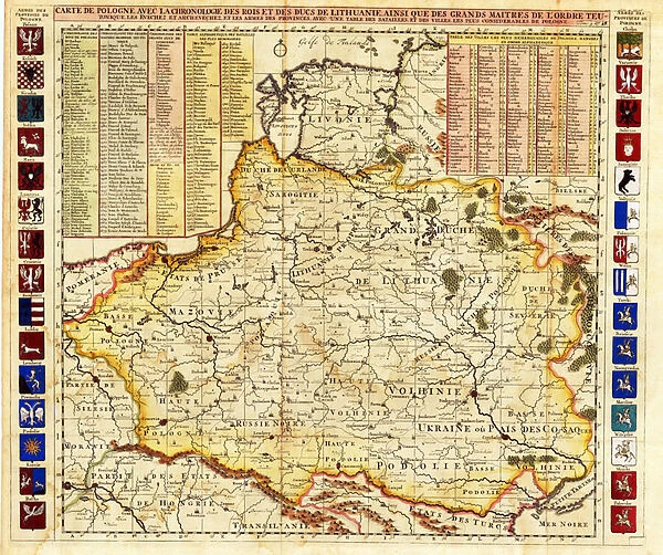 Map of Poland includes portions of Livonia and Grand Duchy of Moscow par Chatelain, Henri Abraham (1684-1743). Etching, watercolour, 1714, Private Collection