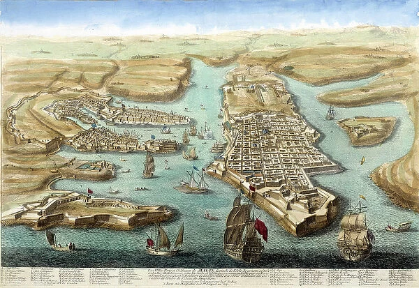Map of the port of Malta, its fortifications and the castle. 18th century engraving