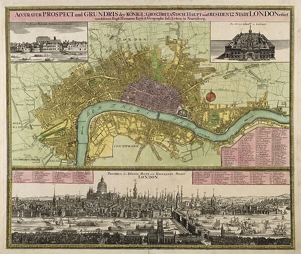 Map and Prospect of London, c. 1710 (hand coloured engraving)