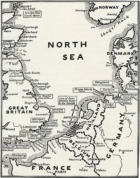 Map showing the naval bases of the North Sea during World War One, from The History of the Great War, pub.c.1919
