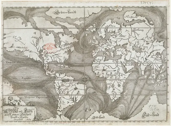 Framed Print : A map showing ocean currents as understood at the time, based on the observations of explorers and mariners