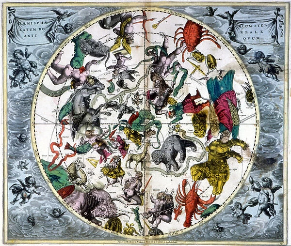 Map of the sky and signs of the zodiac - facsimile of an ancient composition representing the constellations of the northern sky, based on Andre Cellariuss 'Harmonia Macrocosmica', 1660