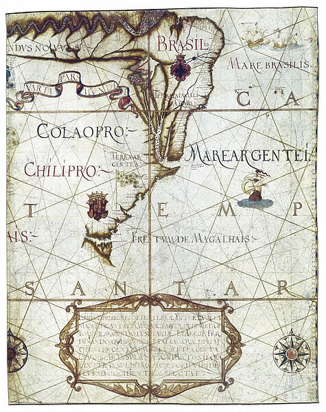 Map of South America, in Universa ac Navigabilis Totius Terrarum Orbis Descriptio 1559 (colour manuscript)