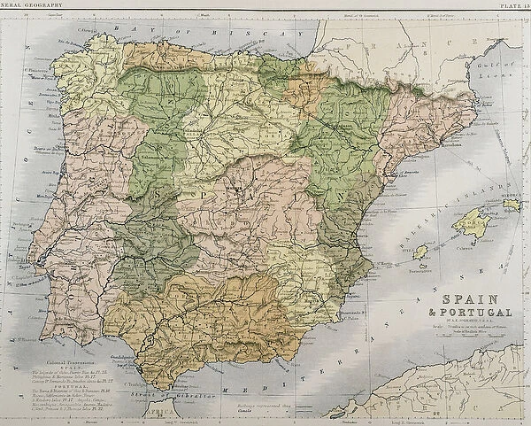 A map of Spain and Portugal, c. 1869 (coloured engraving)