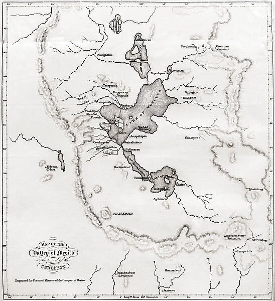 Map of the Valley of Mexico at the time of the conquest, from History of The Conquest of Mexico