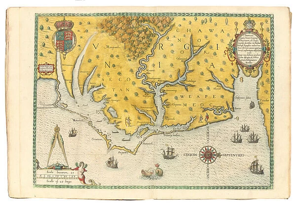 Map of Virginia showing the arrival of Sir Walter Raleighs expedition in 1585