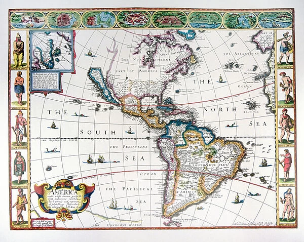 Map of the Western Hemisphere in 1626 (colour litho)