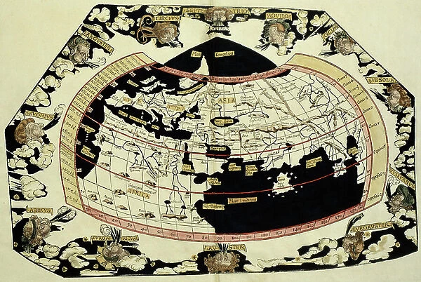 Map of the world, based on descriptions and co-ordinates given in Geographia, by Ptolemy (Claudius Ptolemaeus of Alexandria) (c.90-168 AD)