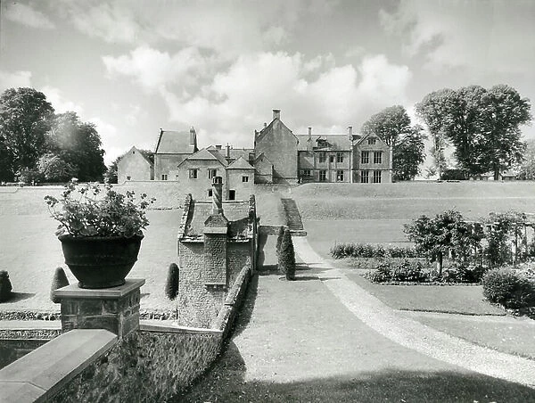 Mapperton, the east side of the house from the garden terraces, from 100 Favourite Houses (b / w photo)