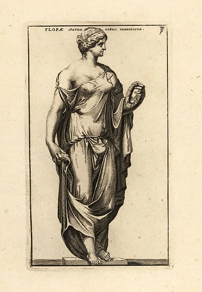 Marble statue of the Roman goddess Flora with garland. 1779 (engraving)