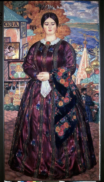 Marchande (Merchant Woman). Portrait en pied d une femme vetue d une riche robe fleurie, portant broche, bague et boucle d oreille, se tenant devant les devantures peinte d un magasin de fruits et legumes