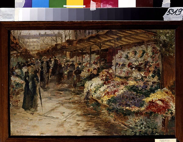 Marche aux fleurs. Peinture de Jean Francois Raffaelli (1850-1924), 1882. Huile sur bois. Dim : 26x40cm. Musee Pouchkine, Moscou