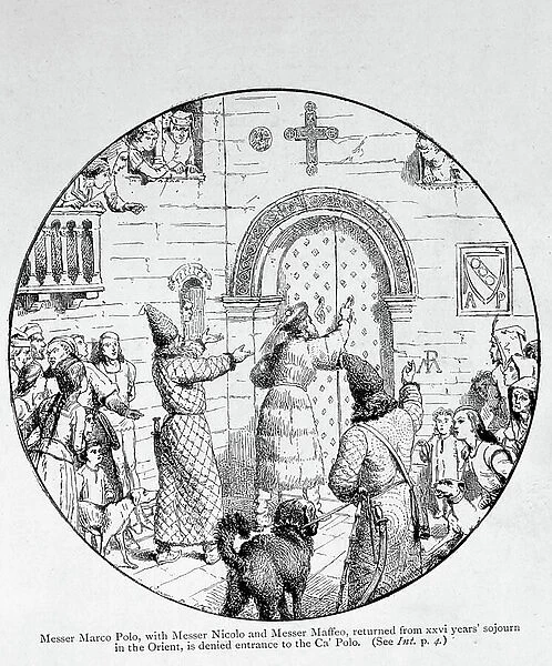 Marco Polo, returned from the Orient, is denied entrance to the Ca Polo, 1903 (engraving)