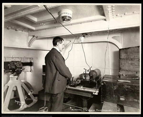 Marconi and his wireless telegraph apparatus, 1899-1900 (silver gelatin print)