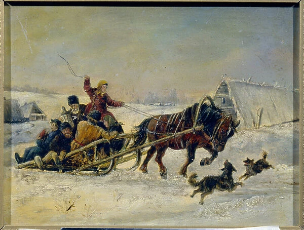 Mardi gras (shrovetide). (Apres les festivites, une femme raccompagne les hommes ivres sur son traineau a cheval). Peinture de Nikolai Yegorovich Sverchkov (Nicolas Swertschkoff) (1817-1898), huile sur toile. Art russe, 19e siecle